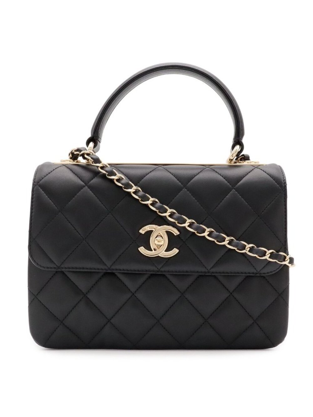 Chanel Trendy CC Quilted Top Handle 2-Way Chain Shoulder Bag Leather Black Gold